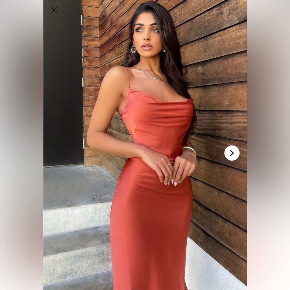 Fashion Nova Orange Cowl Neck Slip Dress Midi